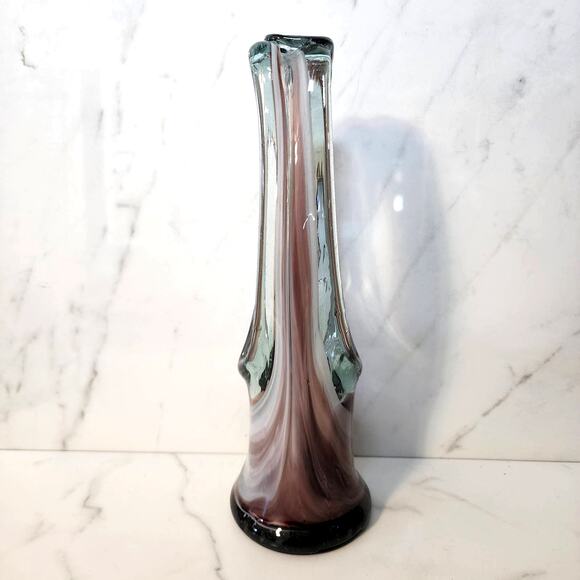 Vintage Hand-Blown Art Glass Basket Vase Swirl Purple Gray Stretched Handle - Picture 6 of 10